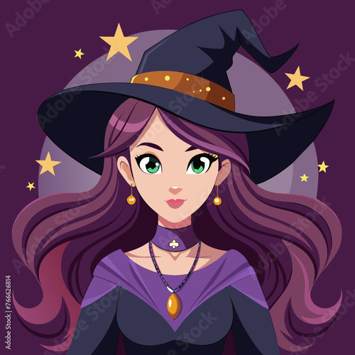 Portrait of a witch in a hat looking in front of her. a magical, mystical event. Concept - Walpurgis Night, Halloween, Sabbath, magic