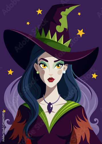 Portrait of a witch in a hat looking in front of her. a magical, mystical event. Concept - Walpurgis Night, Halloween, Sabbath, magic
