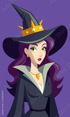 Portrait of a witch in a hat looking in front of her. a magical, mystical event. Concept - Walpurgis Night, Halloween, Sabbath, magic