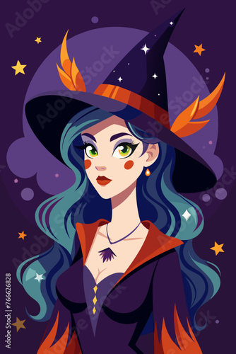Portrait of a witch in a hat looking in front of her. a magical, mystical event. Concept - Walpurgis Night, Halloween, Sabbath, magic