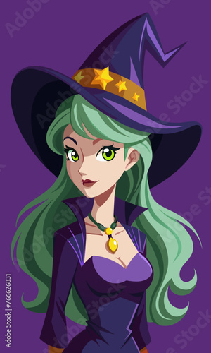 Portrait of a witch in a hat looking in front of her. a magical, mystical event. Concept - Walpurgis Night, Halloween, Sabbath, magic