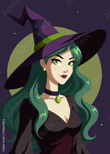 Portrait of a witch in a hat looking in front of her. a magical, mystical event. Concept - Walpurgis Night, Halloween, Sabbath, magic