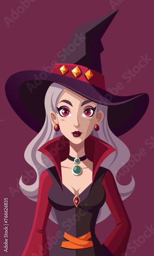 Portrait of a witch in a hat looking in front of her. a magical, mystical event. Concept - Walpurgis Night, Halloween, Sabbath, magic