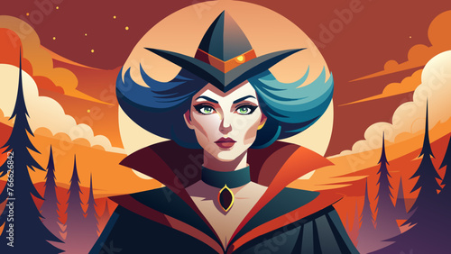 Portrait of a witch in a hat looking in front of her. a magical, mystical event. Concept - Walpurgis Night, Halloween, Sabbath, magic