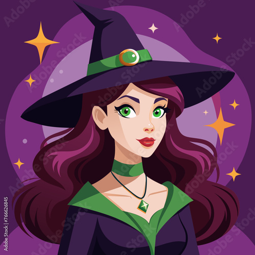 Portrait of a witch in a hat looking in front of her. a magical, mystical event. Concept - Walpurgis Night, Halloween, Sabbath, magic