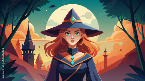Portrait of a witch in a hat looking in front of her. a magical, mystical event. Concept - Walpurgis Night, Halloween, Sabbath, magic