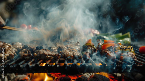 Flames and smoke rising from a barbecue grill as succulent meats and vegetables cook to perfection, evoking the irresistible aroma and flavor of summertime grilling