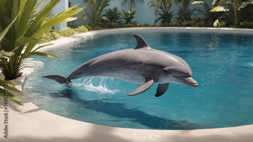 Dolphin swimming in a pool with tropical leaves