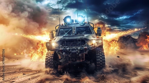 generic military armored vehicle crosses mine fields fire and smoke in the desert, wide poster design with copy space area