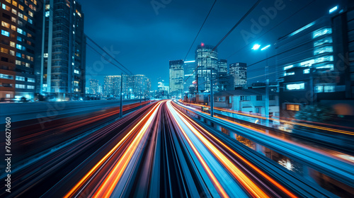 A dynamic and vibrant cityscape at night, where the rapid motion of city trains creates mesmerizing light trails that contrast beautifully with the static, illuminated buildings.
