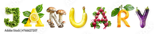 January Text Made of Fruits and Vegetables (Lettuce, Lemon, Mushrooms, Banana, BeetRoot, Orange, Aubergine) Isolated on White Background photo