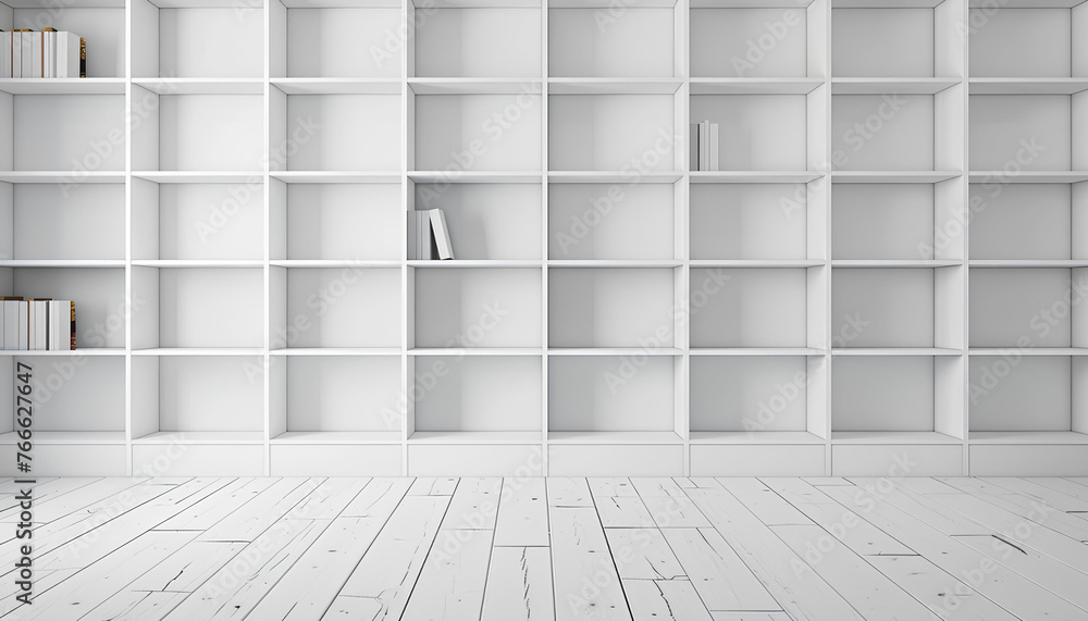 white wooden bookshelf in empty white roomon background white wooden bookshelf in empty white roomon background