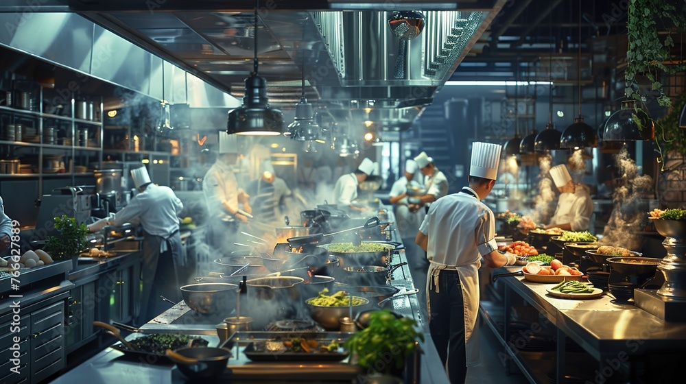 A bustling food restaurant kitchen with chefs skillfully preparing dishes, the air filled with the aroma of herbs and spices as they craft culinary delights with precision and passion. A bustling food restaurant kitchen with chefs skillfully preparing dishes, the air filled with the aroma of herbs and spices as they craft culinary delights with precision and passion.