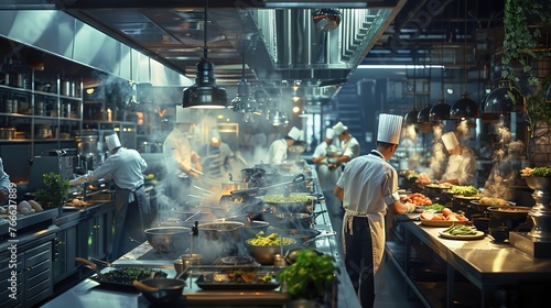 A bustling food restaurant kitchen with chefs skillfully preparing dishes  the air filled with the aroma of herbs and spices as they craft culinary delights with precision and passion.