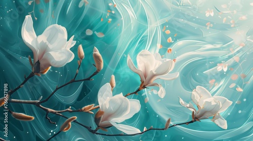 A digital illustration of white magnolia flowers on branches with a vibrant teal background  including orange accents and dynamic fluid patterns.