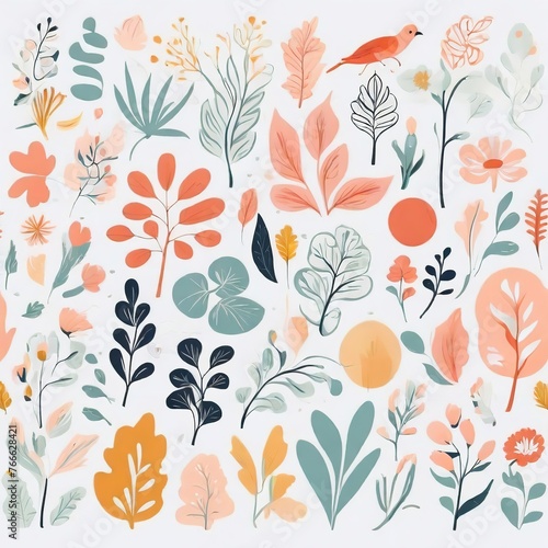 A collection of seamless pattern, colorful abstract plants and flowers. Hand drawn Collection of leaves and flowers. A close up of a pattern of flowers and leaves. 