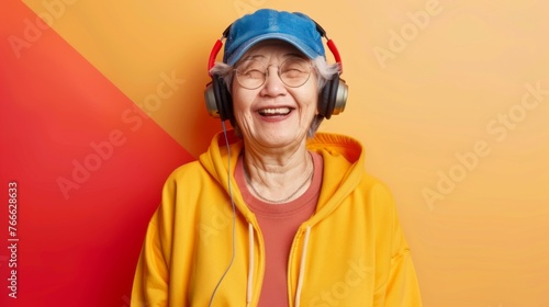 Portrait of a hipster woman listening to music against a colorful background © Krtola 