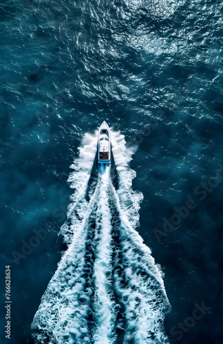Vue aérienne d'un bateau à moteur blanc se déplaçant dans une eau bleue foncé avec une traînée d'écume blanche 