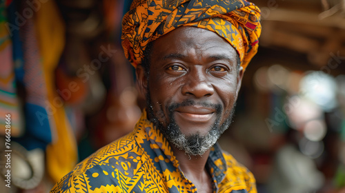Homme africain, sourire en costume local du Cameroun, vivre en Afrique photo