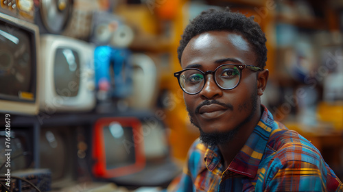 Ingénieur informatique africain, sourire avec des lunettes, jeune homme barbu, travailler en Afrique photo