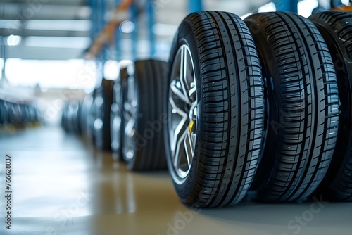 Car tires displayed in a repair shop with a white background showcasing a set of summer or winter tires. Concept Automotive  Tire Shop  Seasonal Tires  Retail Display  White Background