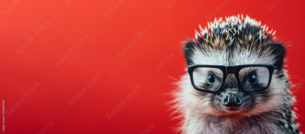 A small animal with glasses is staring at the camera. The image has a playful and whimsical mood, as the animal is wearing glasses. close-up of a hedgehog wearing small square glasses in a red - obrazy, fototapety, plakaty 