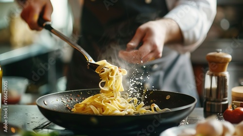 A chef expertly tossing fresh pasta in a pan with vibrant ingredients and flavorful sauces, creating an irresistible pasta dish at an authentic Italian food restaurant.