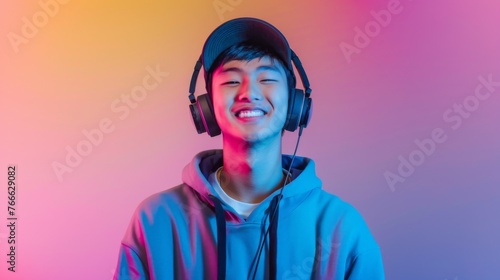 Portrait of a hipster man listening to music against a colorful background