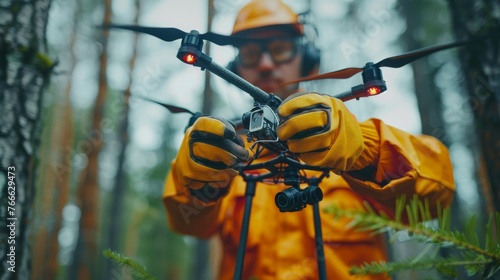 Logger in vibrant gear handling drone controls in a dense forest