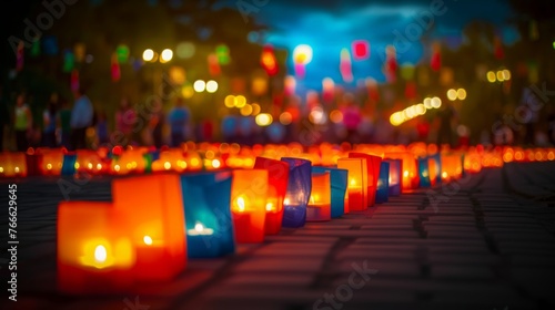 Dia de las velitas. A Colombian tradition. Candles and lanterns of all colors fill the night that officially begins Christmas with magic. banner, copy space, poster, background, greeting card.