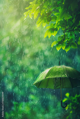 Green nature background with rain and a Umbrella