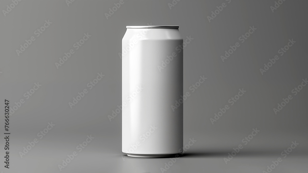 A realistic image of a blank white can mockup on gray background. A realistic image of a blank white can mockup on gray background.