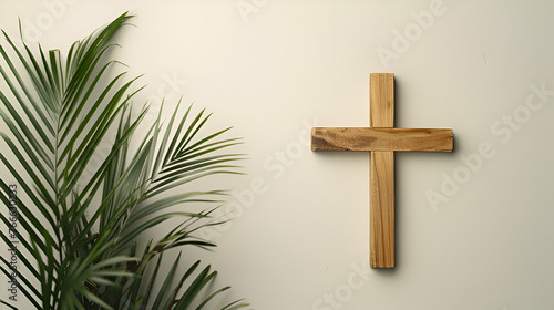 Wooden cross with palm leaves, easter palm Sunday concept