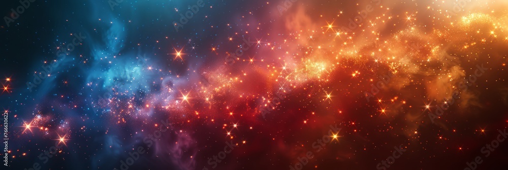 Cosmic display of stars and nebulae across a galaxy. A gradient of blue to red hues in deep space. Concept of universe vastness. Banner. Perfect for American national holidays and political events.