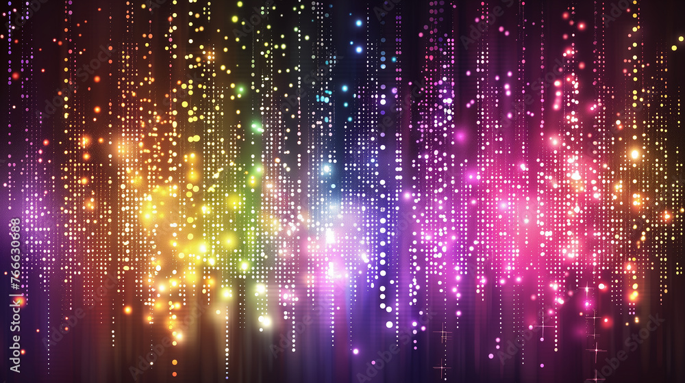 Vibrant rainbow color light effects background with glowing lights and glittering dots. Illustration of sparkling stars, shimmering colors, and shiny sparkles for festive or party themes.