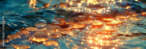 Sunlit golden Bitcoins coins resting on rippling water. Glistening cryptocurrency immersed in water. Concept of crypto liquidity, blockchain technology, and dynamic financial markets. Banner