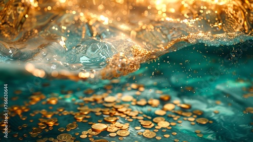 Glistening golden coins on a water backdrop with light reflections. Wealth submerged in water. Concept of wealth, financial growth, money, abundance, economic fluidity, and monetary gain.