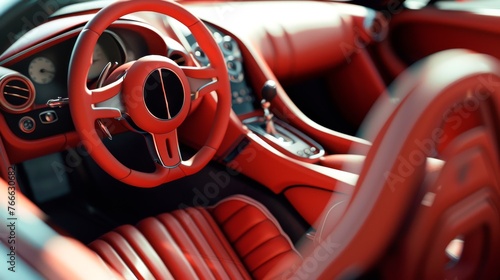 Elegant red leather interior of a luxury car. Upscale dashboard design. Concept of automotive luxury, high-end vehicle, comfort in transport. © Jafree