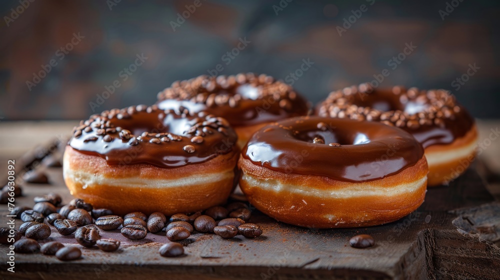 Chocolate glazed donuts with sprinkles surrounded by coffee beans Chocolate glazed donuts with sprinkles surrounded by coffee beans