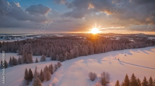 Winter season at sunset, aerial backward view
 photo