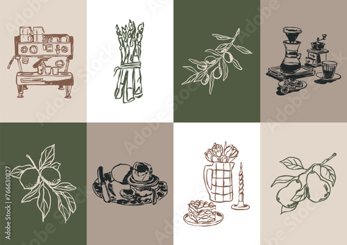 Minimalist hand drawn food and drink vector illustration collection. Matisse style art. Art for print poster, postcards, branding, logo design, background.	