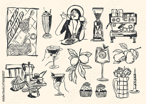 Minimalist hand drawn food and drink vector illustration collection. Matisse style art. Art for print poster, postcards, branding, logo design, background.	