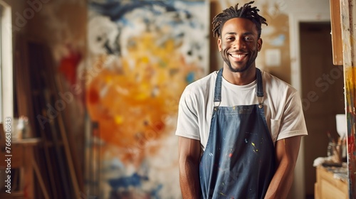 Smiling African American man artist next to his artwork in art studio. Concept of artistic talent, fine arts, creative process, interesting hobby, exciting leisure time, oil painting