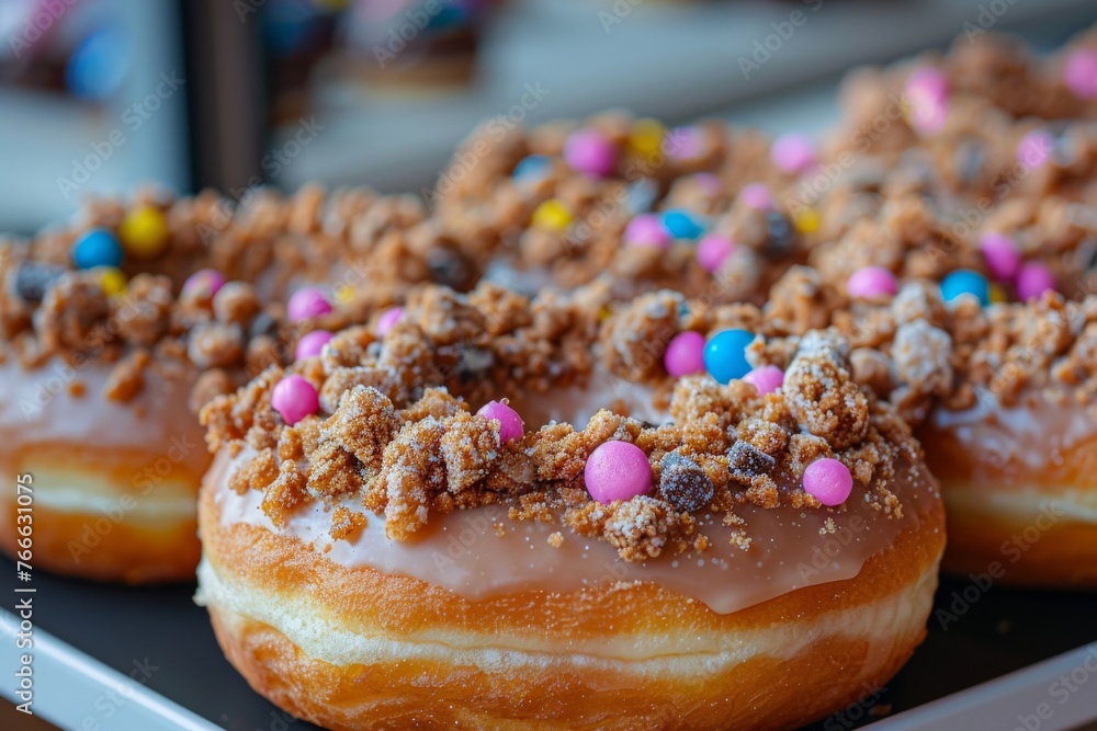 Close-up of donuts with colorful cookie crumble topping on display Close-up of donuts with colorful cookie crumble topping on display