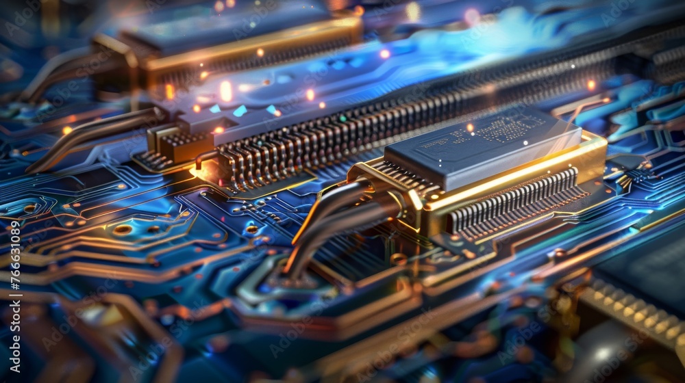 closeup on an advanced GPU ram microchip or cpu of a powerful computer ...