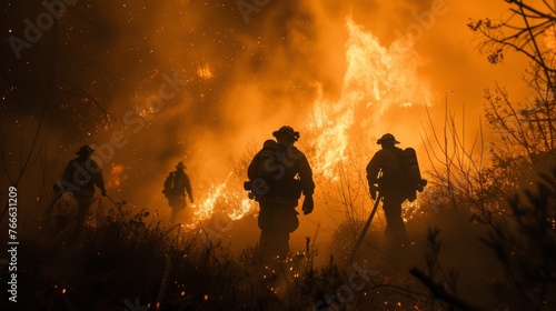 Firefighters Stand Against Wildfire, Firefighters on Duty, The Fight Against Raging Flames, The Courageous Struggle of Fire Brigades photo