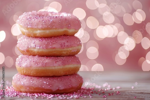Stack of pink glazed donuts with sparkling sugar on a bokeh background