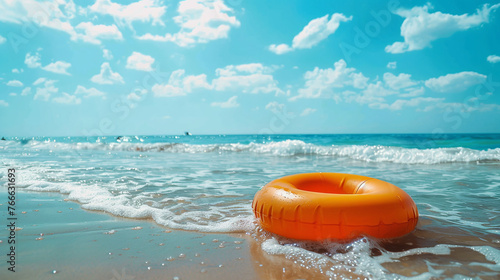 Swimming circle or donut is located on the seashore. Small waves wash the beach. Summer rest and vacation concept