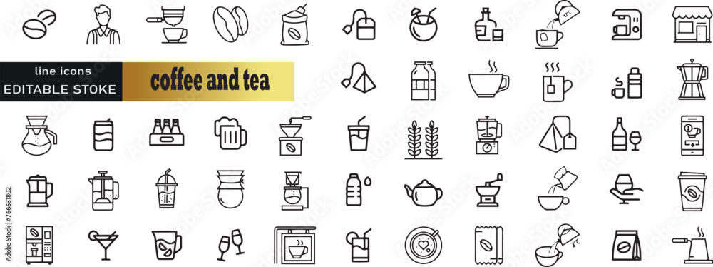  outline icons related to coffee and tea. Linear icon collection. Editable stroke. Vector illustration
