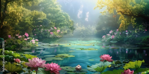 A serene lake nestled among lush trees and colorful flowers, with a beautiful lotus flower © Classy designs